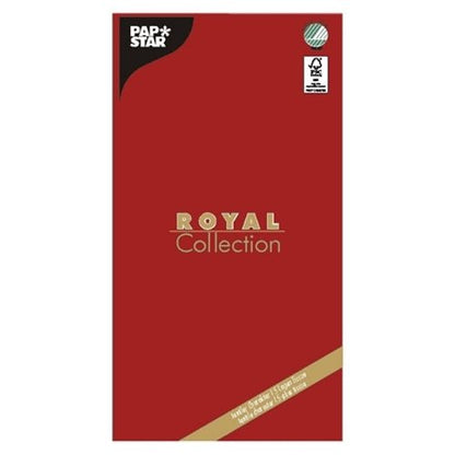 Egy piros, négyzet alakú csomagolás a „PAPSTAR GmbH“ és „ROYAL Collection“ felirattal tartalmaz egy magas minőségű asztalterítőt, 120 x 180 cm, alul szöveggel és a jobb felső sarokban egy ellenőrzési jellel.