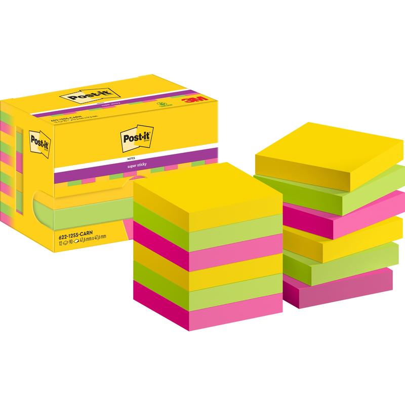 Egy sárga doboz a 3M Deutschland GmbH Post-it® Super Sticky Notes (47,6 mm x 47,6 mm, 90 lap/tömb, 100% PEFC) mellett több halom négyzet alakú cetli van sárga, zöld és rózsaszín színekben, Post-it és 3M logókkal.