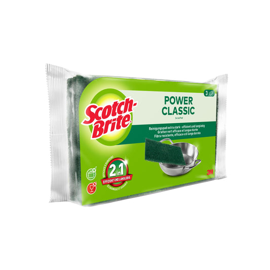 Eine 3er-Packung Scotch-Brite® Classic Scheuerpads der 3M Deutschland GmbH, abgebildet mit grünen Pads und Produktbranding, zeigt einen Edelstahltopf auf der Verpackungsfront.