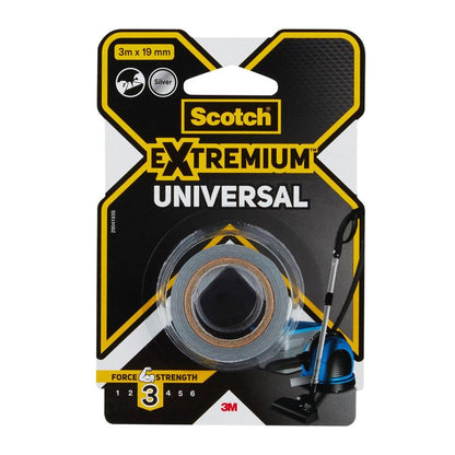 Egy csomag Scotch® Extremium™ Universal ragasztószalag, 3 m x 19 mm, ezüst, a 3M Deutschland GmbH-tól, porszívómotívummal az elején és 3/6-os erősségi szinttel a csomagoláson.