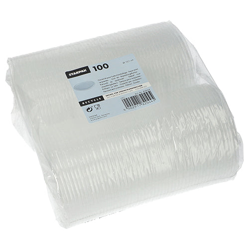 Egy átlátszó, fóliával körbetekert csomag 100 Starpak fedéllel csomagolópohárhoz (kerek, Ø10,1 cm, 0,8 cm) PP-ből. A címkén termékadatok, vonalkód és újrahasznosítási szimbólumok láthatók.