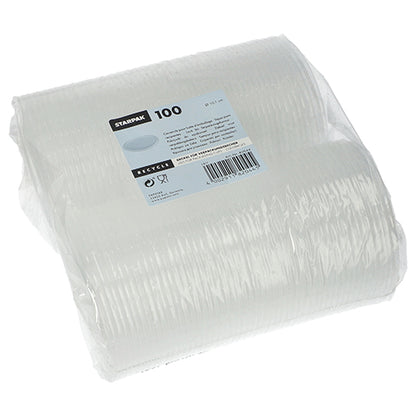 Egy átlátszó, fóliával körbetekert csomag 100 Starpak fedéllel csomagolópohárhoz (kerek, Ø10,1 cm, 0,8 cm) PP-ből. A címkén termékadatok, vonalkód és újrahasznosítási szimbólumok láthatók.