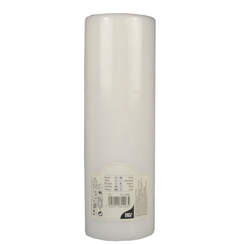 Egy fehér PAPSTAR hengeres gyertya Ø 80 mm-es lapos fejjel (250 mm hosszú, zsugorfólia, 1 darab) a PAPSTAR GmbH-tól használatlanul áll sima felülettel és címkével az alján.