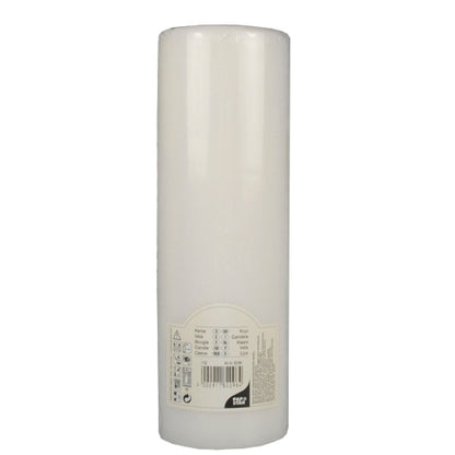 Egy fehér PAPSTAR hengeres gyertya Ø 80 mm-es lapos fejjel (250 mm hosszú, zsugorfólia, 1 darab) a PAPSTAR GmbH-tól használatlanul áll sima felülettel és címkével az alján.