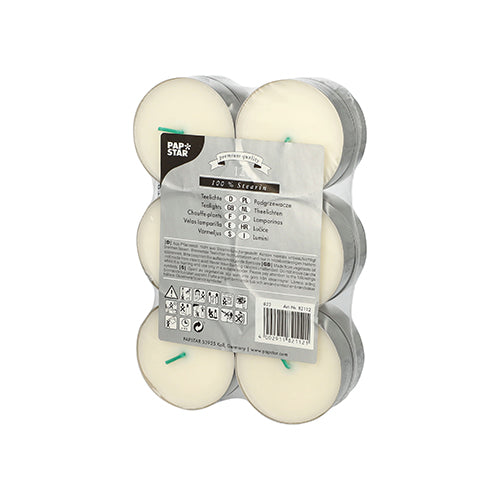 Egy átlátszó, fóliázott csomag 12 fehér PAPSTAR Maxi-gyertyával (Ø 59 mm, 100% sztearinsav) zöld kanóccal, biztonsági szimbólumokkal, termékinformációkkal és a PAPSTAR GmbH felirattal van ellátva, hogy kiemelje a hosszú égési időt.