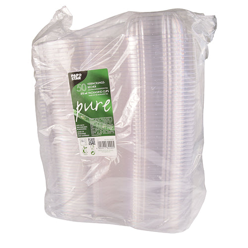 Egy lezárt csomag 50 PAPSTAR finomság- és salátástálat tartalmaz felnyitható fedéllel, „pure” átlátszó, a PAPSTAR GmbH-tól, biológiailag lebomló és komposztálható PLA-tulajdonságokkal rendelkezik környezetbarát használatra.