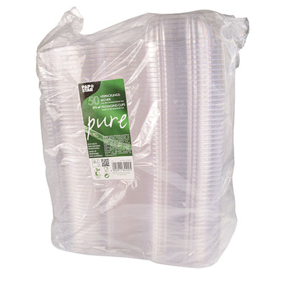 Egy lezárt csomag 50 PAPSTAR finomság- és salátástálat tartalmaz felnyitható fedéllel, „pure” átlátszó, a PAPSTAR GmbH-tól, biológiailag lebomló és komposztálható PLA-tulajdonságokkal rendelkezik környezetbarát használatra.