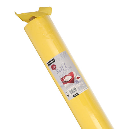 Eine Rolle Starpak-Tischdecke, stoffähnliche Vlies-Tischdecke „Soft Selection“, teilweise ausgepackt, um ihre weiche, stoffähnliche Qualität zu zeigen, mit einem Etikett mit der Marke Starpak, Verwendungsinformationen und einem Tischbild.