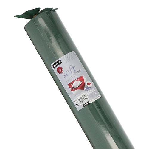 Eine Rolle Starpak Tischdecke, stoffähnlich, Vlies "Soft Selection" mit stoffähnlicher Haptik. Mit grünem Design, Markeninformationen, Barcode und Tischgedeck-Bild für einen hochwertigen Look. Marke: Starpak.