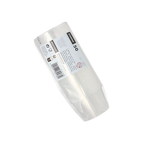 Egy csomag 50 Starpak öntetpohárral (PP, kerek, Ø 7,1 cm, átlátszó) egymásra rakva és átlátszó műanyagba csomagolva, fehér címkével, termékadatokkal és vonalkóddal – tökéletes catering szolgáltatásokhoz vagy öntetpohárként való használatra.