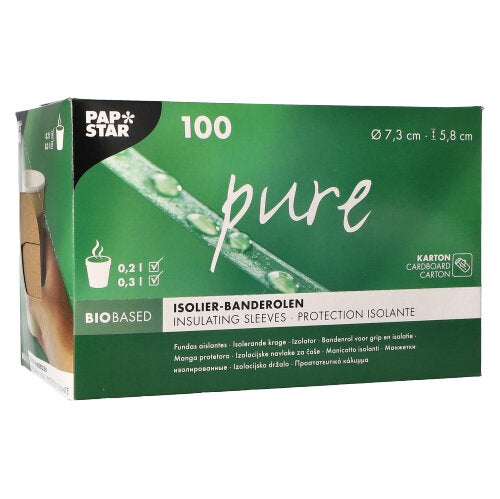 Ein grün-weißer Spenderkarton der PAPSTAR GmbH enthält 100 "reine" braune Banderolen für Heißgetränkebecher (Ø 7,3 cm), mit Produktinformation und Symbolen auf der Verpackung.