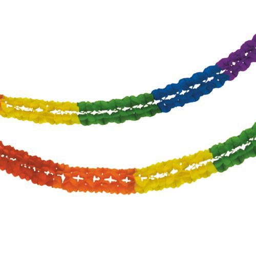 Két PAPSTAR nagyméretű girland-papírgirland (tűzálló, Ø16 cm, 10 m) a PAPSTAR GmbH-tól ragyogó, ismétlődő színekkel tűnik ki, és fehér háttérre vannak elhelyezve – ideálisak ragyogó dekorációkhoz.