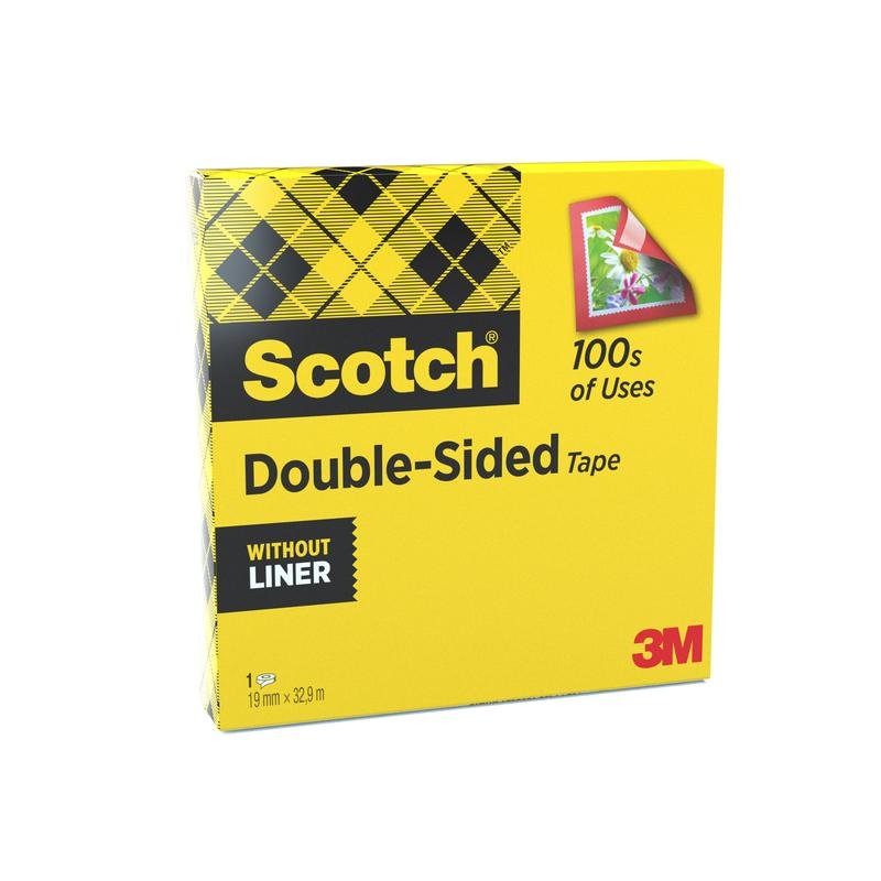 Egy sárga doboz Scotch® kétoldalas ragasztószalag (1 tekercs, 19 mm x 33 m) a 3M Deutschland GmbH-tól, "hordozó nélkül" és "100s of Uses" felirattal, ideális kézműves igényekhez. Az elülső rész ragasztószalagot mutat, amely egy képet tart.