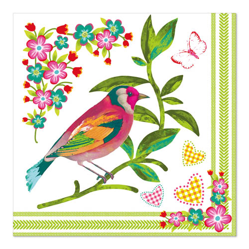 A PAPSTAR 20 szalvéta, 33x33 cm, 3 rétegű a PAPSTAR GmbH-tól színes madarat mutat egy lombos ágon rózsaszín és sárga virágokkal, pillangókkal, szívekkel és zöld mintás szegéllyel két szélén.