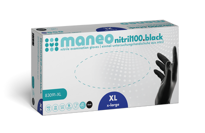 Eine rechteckige Schachtel der ARNOWA GmbH MANEO Nitril-Handschuhe, hygienisch und strapazierfähig, Größe XL. Die überwiegend weiße Verpackung mit blaugrünen und schwarzen Akzenten zeigt eine Hand in einem schwarzen Handschuh und Icons der wichtigsten Merkmale.