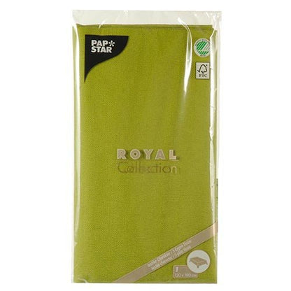 Egy PAPSTAR GmbH-tól származó asztalterítő a „ROYAL Collection“ (120 x 180 cm) látható márkázással és öko-tanúsítási logókkal, tökéletes egy stílusosan terített asztalhoz.