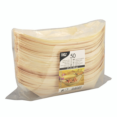 Egy lezárt csomag 50 darab ovális PAPSTAR fa "pure" csónak tányérral (21,5 x 10 cm) környezetbarát könnyűfából, a PAPSTAR GmbH márkáját, mennyiségét és méretét mutatja – ideális fingerfood tálalására bármilyen eseményen.