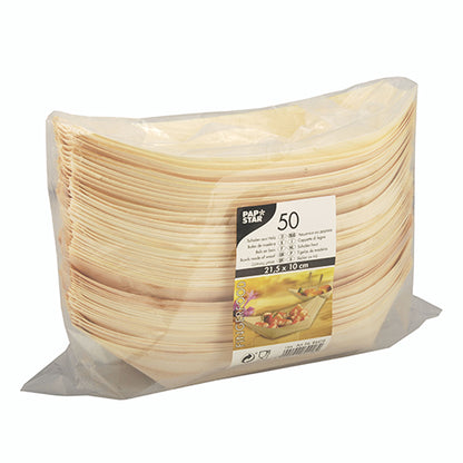 Egy lezárt csomag 50 darab ovális PAPSTAR fa "pure" csónak tányérral (21,5 x 10 cm) környezetbarát könnyűfából, a PAPSTAR GmbH márkáját, mennyiségét és méretét mutatja – ideális fingerfood tálalására bármilyen eseményen.