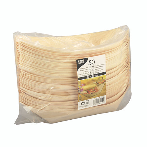 A PAPSTAR GmbH átlátszó műanyag csomagolása 50 darab fa fingerfood tálcát (csónakot) tartalmaz, mindegyik téglalap alakú és egyszer használatos. Az első címke termékinformációkat és egy képet mutat a fingerfoodról egy tányéron.