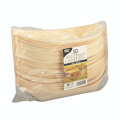 A PAPSTAR GmbH átlátszó műanyag csomagolása 50 darab fa fingerfood tálcát (csónakot) tartalmaz, mindegyik téglalap alakú és egyszer használatos. Az első címke termékinformációkat és egy képet mutat a fingerfoodról egy tányéron.