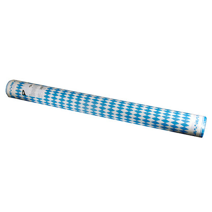 A PAPSTAR GmbH Airlaid asztalterítő-tekercs (Bajor Kék, 25 m x 1,18 m) kék-fehér rombuszmintával van ellátva, és zsugorfóliába csomagolva, fehér háttérrel ellátott címkével az egyik végén szállítva.