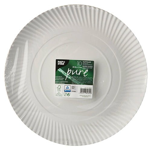 Egy csomag 10 kerek, fehér PAPSTAR tányér kartonból "pure" (Ø 32 cm), zsugorfóliában csomagolva zöld környezetvédelmi jelzéssel, információkkal és környezetbarát szimbólumokkal. Márka: PAPSTAR GmbH.