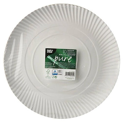Egy csomag 10 kerek, fehér PAPSTAR tányér kartonból "pure" (Ø 32 cm), zsugorfóliában csomagolva zöld környezetvédelmi jelzéssel, információkkal és környezetbarát szimbólumokkal. Márka: PAPSTAR GmbH.