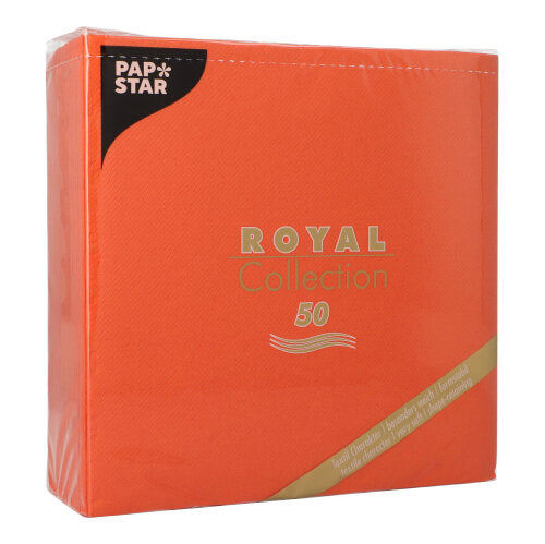 Eine Packung PAPSTAR GmbH 50 Servietten "ROYAL Collection" 1/4-Falz, 40 x 40 cm in nektarine, verpackt in Klarsichtfolie, mit goldener und weißer Beschriftung.
