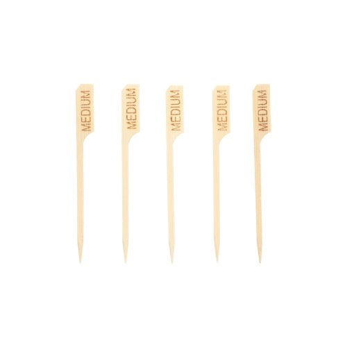 Öt PAPSTAR 250 Steak-Marker 9 cm „MEDIUM” felirattal, függőlegesen fehér alapon – ideális a professzionális húsjelöléshez a vendéglátásban. Márka: PAPSTAR GmbH.