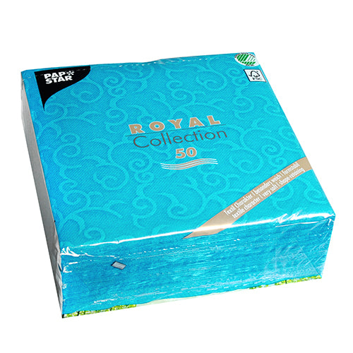 50 darabos türkiz PAPSTAR "ROYAL Collection" szalvéta (40 x 40 cm, 1/4-hajtás) a PAPSTAR GmbH-tól, finom örvénymintával és környezetbarát, FSC-tanúsított csomagolással.