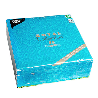 50 darabos türkiz PAPSTAR "ROYAL Collection" szalvéta (40 x 40 cm, 1/4-hajtás) a PAPSTAR GmbH-tól, finom örvénymintával és környezetbarát, FSC-tanúsított csomagolással.