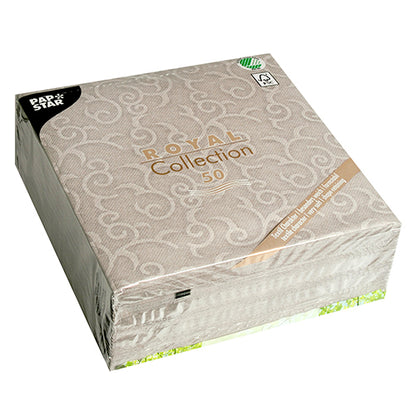Egy lezárt csomag 50 szürke PAPSTAR "ROYAL Collection" szalvétával (40x40 cm, 1/4-hajtás) a PAPSTAR GmbH-tól - ideális az elegánsan terített asztalhoz.