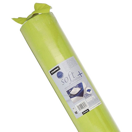 Részben kicsomagolt tekercs világoszöld, szövethez hasonló Starpak asztalterítő "soft selection plus"; a címke szöveget és képeket mutat, amelyeken a Starpak tartós vlies terítője látható egy asztalon.