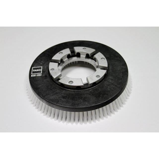 A Diversey Deutschland GmbH & Co. OHG által gyártott Nylon súrolókefe (35 cm) egy kerek, fehér sörtéjű standard súrolókefe a swingo 2500-hoz, "TASKI 8501.080" felirattal, kemény padlókhoz tervezve. Egy darab csomagonként, egyszínű fehér háttéren ábrázolva.