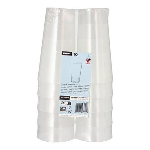 A Starpak márka „Starpak 10 újrahasználható ivópohár” terméke tíz egymásra rakható, tartós, átlátszó műanyagból készült poharat mutat be környezetbarát csomagolásban, kék-fehér címkével állítva.