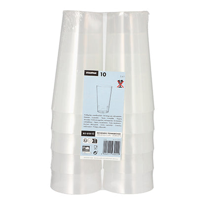 A Starpak márka „Starpak 10 újrahasználható ivópohár” terméke tíz egymásra rakható, tartós, átlátszó műanyagból készült poharat mutat be környezetbarát csomagolásban, kék-fehér címkével állítva.