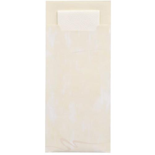 Egy krémszínű PAPSTAR GmbH 520 evőeszköztartó (20x8,5cm, 2 rétegű) téglalap alakú fedéllel részben nyitott, és bepillantást enged a hozzáillő szalvétára belül; a sima felület finom színváltozatokat mutat.