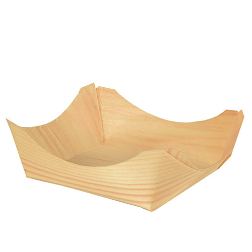 A PAPSTAR GmbH 50 Fingerfood-tálcái fa "pure" kör alakúak, kiemelkednek elegáns fa erezetükkel és ívelt, kiemelkedő éleikkel, és üresen, fehér alapon ábrázolva.