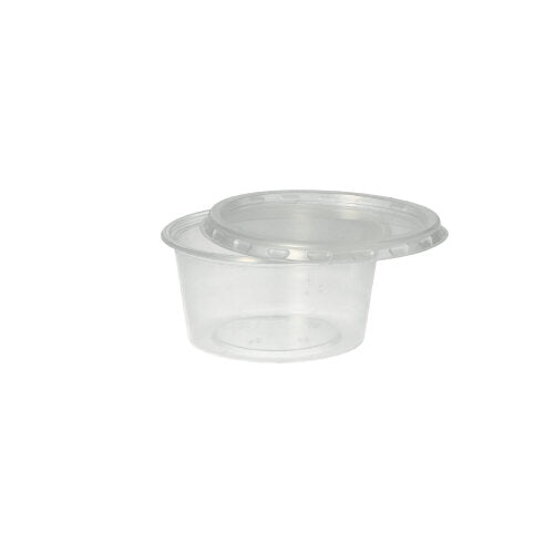 Der Starpak 50 Dressingbecher, PP rund Ø 7,1 cm transparent, ist ein transparenter Polypropylenbecher mit Schnappdeckel – ideal für den Catering-Service. Präsentiert auf schlichtem weißem Hintergrund.