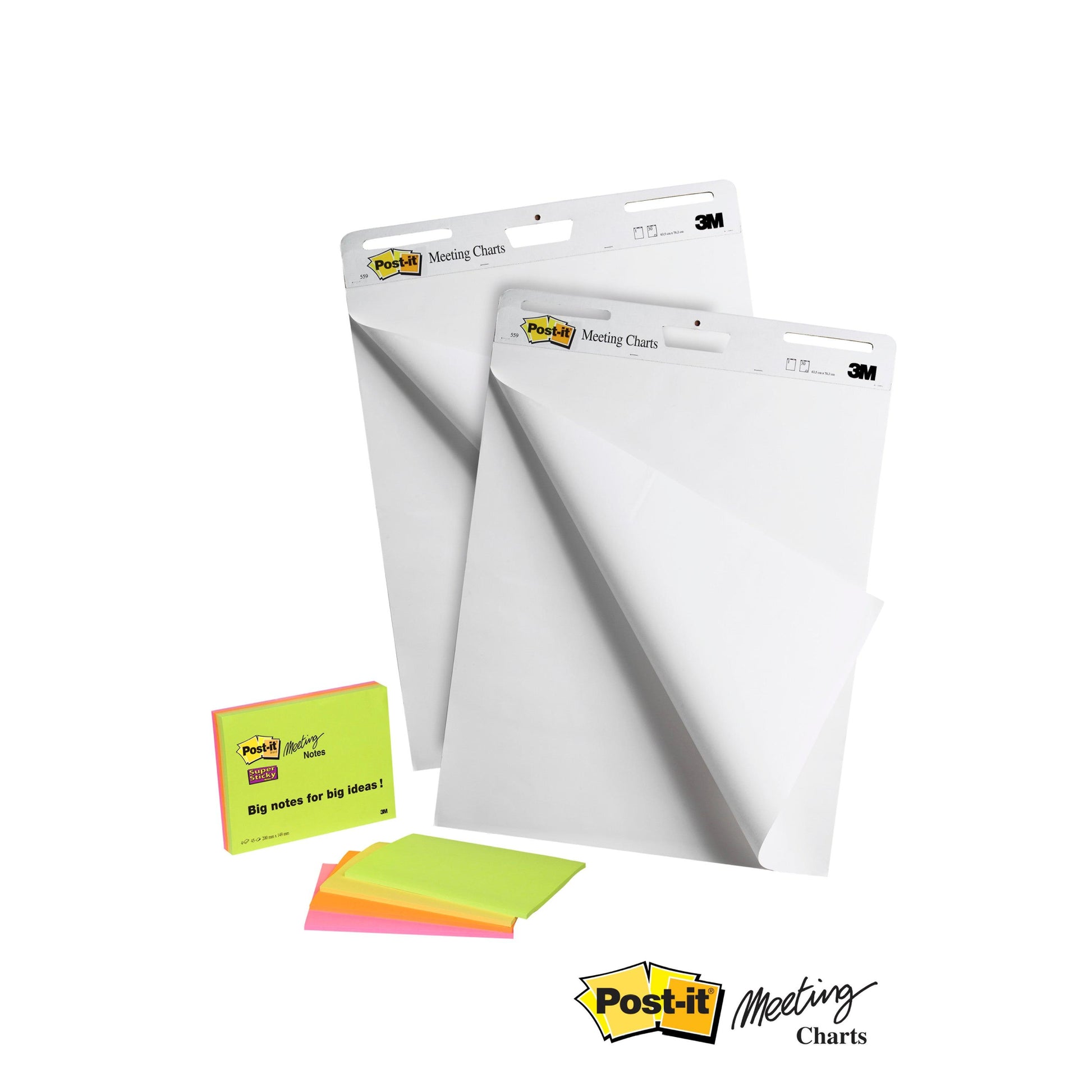 Gezeigt werden zwei große 3M Post-it® Super Sticky Meeting Charts (weiß, 63,5x76,2 cm) und ein Stapel Super Sticky Meeting Notes in neonfarben (2 Blöcke + 4 gratis). Die Blätter haben Aufhängelöcher und tragen das Post-it® Markenlogo.