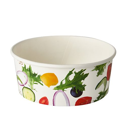 A Starpak 45 salátástálak, papír "To Go" Ø 15 cm "Saláta", fehér papírtálak színes zöldségnyomattal, ideálisak környezetbarát salátástálként friss és fenntartható ételekhez.