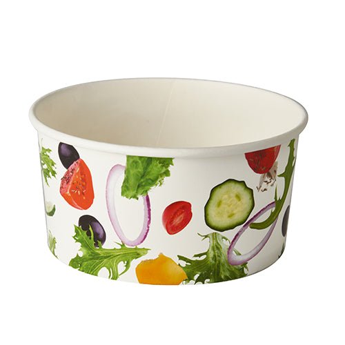 A Starpak 45 salátástálak "To Go" egy fehér, eldobható papírtál 15 cm átmérővel, amelynek külső oldalán paradicsom, uborka, vöröshagyma, saláta és olíva képek vannak nyomtatva.