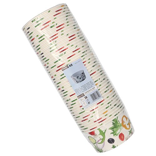 Egy 45 darabos Starpak "To Go" salátástálak halom kartonból, 15 cm átmérővel, zöldség- és fűszermintával, műanyagba csomagolva vonalkóddal, termékcímkével és használati információkkal.