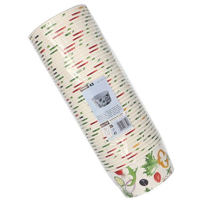 Egy 45 darabos Starpak "To Go" salátástálak halom kartonból, 15 cm átmérővel, zöldség- és fűszermintával, műanyagba csomagolva vonalkóddal, termékcímkével és használati információkkal.