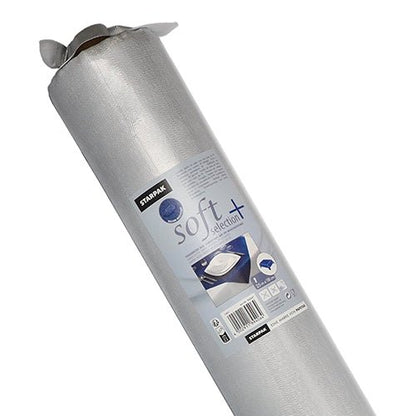 Egy Starpak asztalterítő tekercs, szövetre emlékeztető, "soft selection plus" vlies, függőlegesen ábrázolva csomagolással, termékinformációkkal és asztalképpel - ideális tartós, sokoldalúan használható asztalterítőként vagy vliesként.