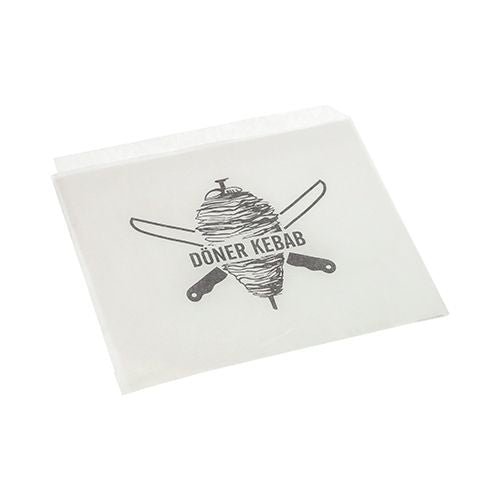 A PAPSTAR döner-kebab zacskók, pergamen helyettesítő, 16x16 cm, zsírálló zsugorfólia (1000 darab) a PAPSTAR GmbH-tól egy tartós, fehér élelmiszer-csomagolás döner nyárssal és keresztbe tett késekkel, valamint a "DÖNER KEBAB" felirattal.