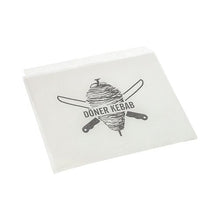 Die PAPSTAR Döner-Kebab-Tüten, Pergament-Ersatz, 16x16 cm, fettdichte Schrumpffolie (1000 Stück) der PAPSTAR GmbH ist eine haltbare, weiße Lebensmittelverpackung mit einem Dönerspieß und gekreuzten Messern sowie dem Text "DÖNER KEBAB".