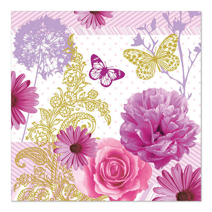 PAPSTAR GmbH 20 Servietten, 33 cm x 33 cm, 3-lagig, Set 5: Design mit rosa Blumen (Rose, Pfingstrose, Gänseblümchen), gold/lila Schmetterlingen und verschnörkeltem goldenem Blattwerk auf diagonalem Streifen und gepunktetem Hintergrund.