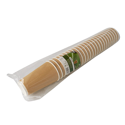 Egy 25 darabos „To Go” papír pohár Ripple Wall a PAPSTAR GmbH-tól strukturált felülettel, átlátszó műanyagba csomagolva és zöld-fehér termékcímkével.