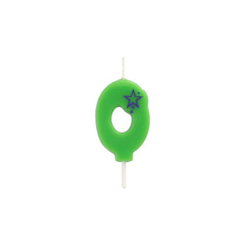 A PAPSTAR GmbH 6,8 cm-es mini számgyertyája nulla alakú, a tetején két lila csillaggal díszített, ideális születésnapi dekorációhoz, és egyszerű fehér háttér előtt van ábrázolva.
